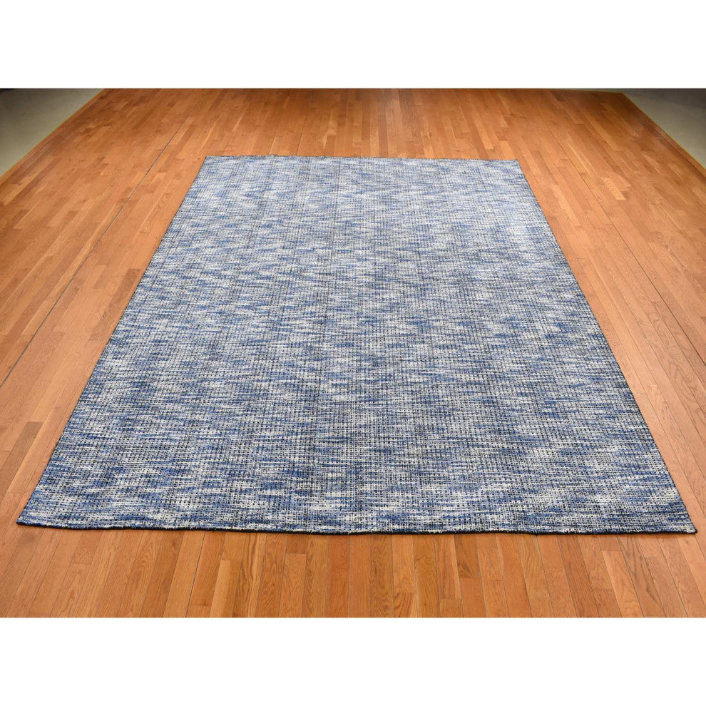 Steel Blue Modern Fence Design Wool and Art Silk Hand Loomed Rug 9'2"x12'