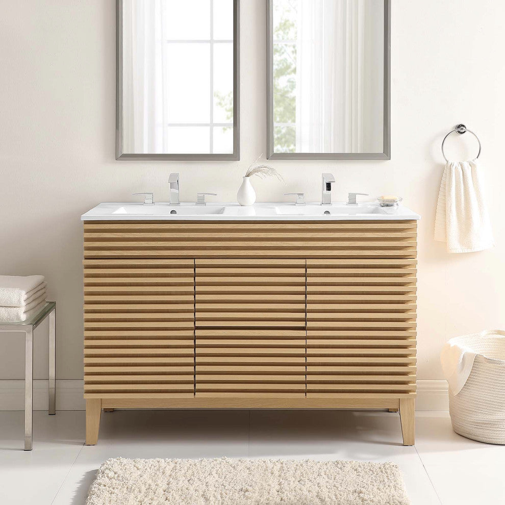 Render 48" Double Sink Bathroom Vanity, Oak White