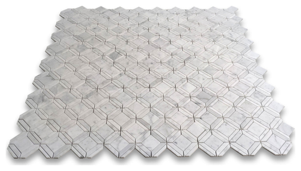 Carrara White Marble Square Ventura Carlyle Geometry Mosaic Tile Honed, 1 sheet