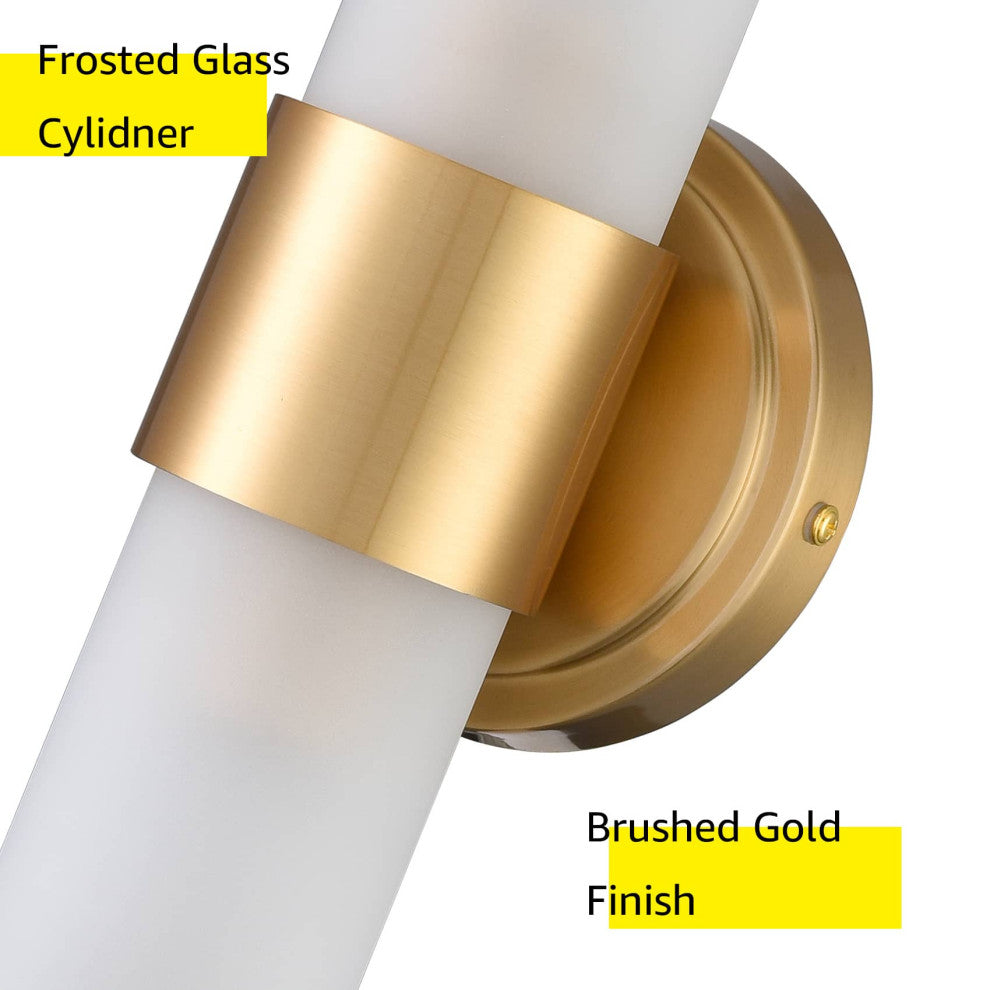 Modern Gold Bathroom Sconces Cylinder Frosted Glass, 2-Light