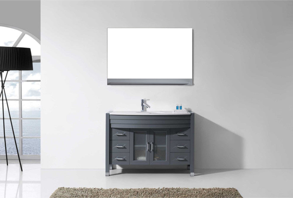 Virtu Ava 48" Single Bathroom Vanity, Gray With White Top, Faucet and Mirror
