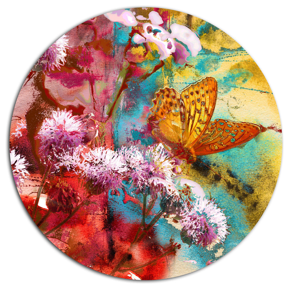 Butterfly And Abstract Design Watercolor, Floral Round Artwork, 11"