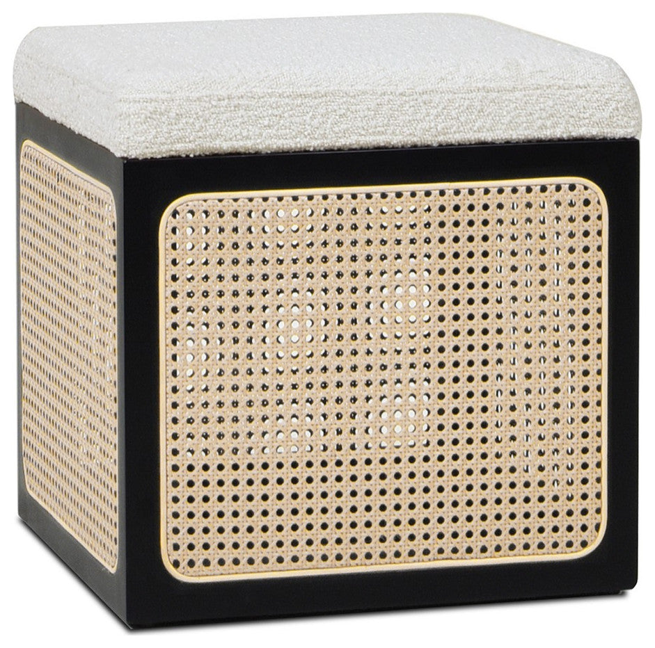 Nina 18" Cane Webbing Cube Ottoman, Ivory White