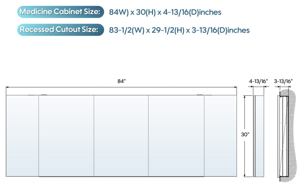 Recessed/Surface Mount Bathroom Medicine Cabinet, Reverse Installation, 84"x30"