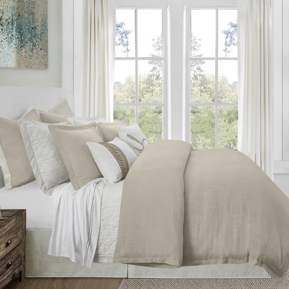 Hera Washed Linen Flange Comforter Set, 3PC, Light Tan, King