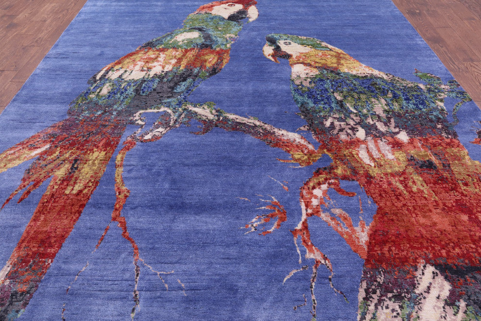 8' 10" X 12' 4" Modern Parrots Design Hand Knotted Silk Rug Q11601