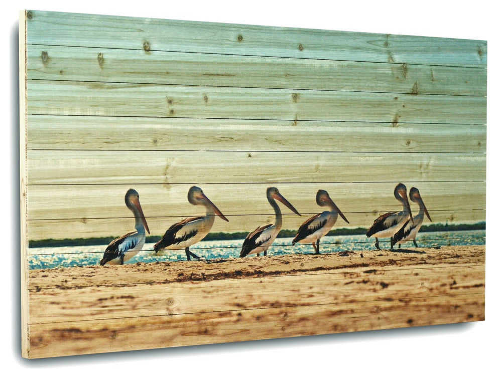 48" Pelican Flock at the Beach Wood Plank Wall Art