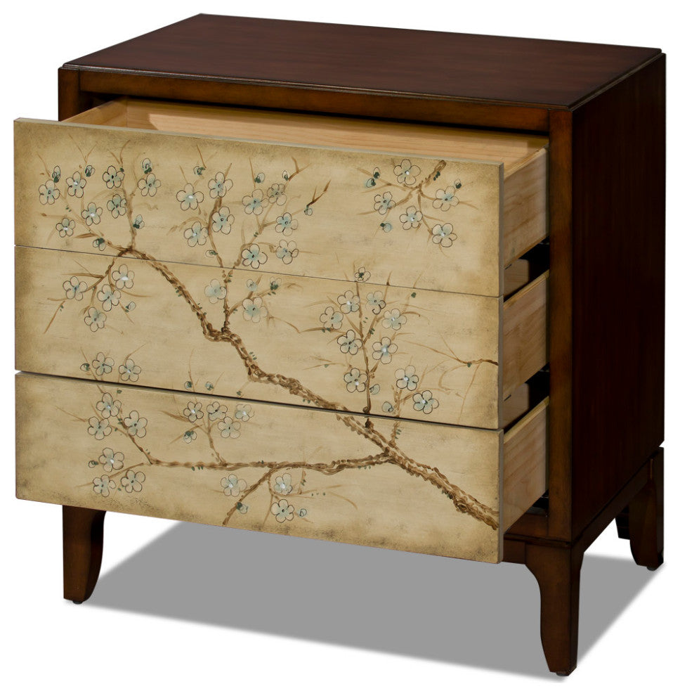 Hand Painted Cherry Blossom Motif Oriental Chest of Three Drawers