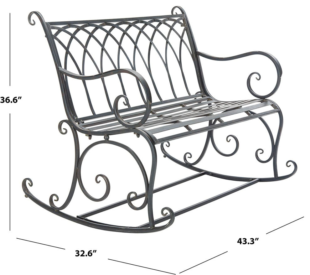 Outdoor Rocking Bench, Metal Construction and Scrollwork in Black Rust Finish