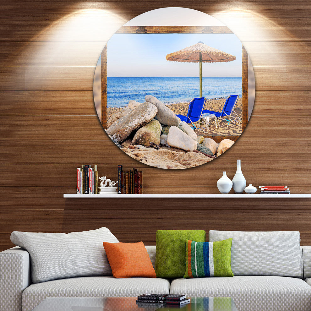 Framed Beach With Chairs, Umbrella, Seashore Round Metal Wall Art, 11"