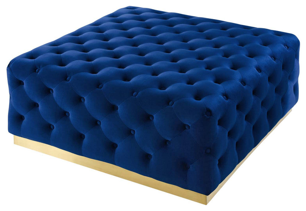 Tufted Accent Chair Ottoman, Square, Velvet, Blue Navy, Modern, Lounge