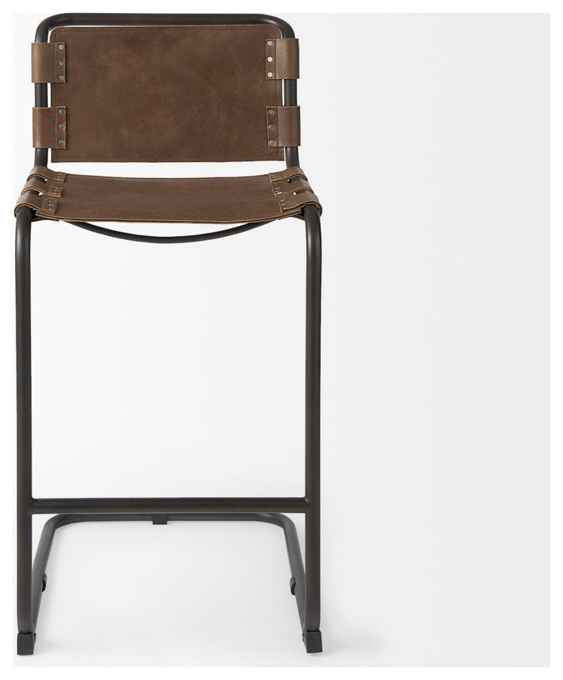 Light Brown Leather Iron Framed Bar Stool