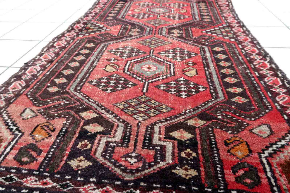 Handmade Vintage Persian Hamadan Rug 2.5'x4.2', 78cmx131cm, 1950s