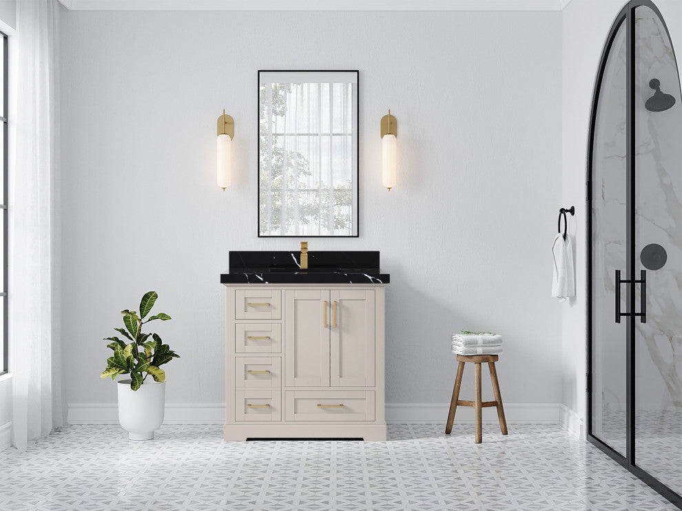 Boston 36" Center Sink Bath Vanity in Fine Grain 2" Calacatta Black
