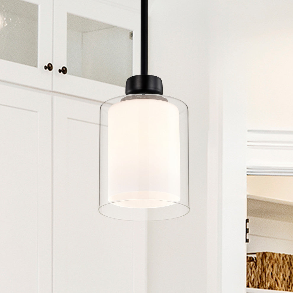 Daley 1-Light Matte Black Mini Pendant With Clear Glass and White Glass Shades