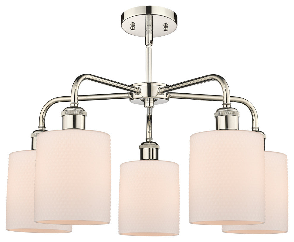 Cobbleskill 5-Light 23" Stem Chandelier, Polished Nickel With Matte White Shade