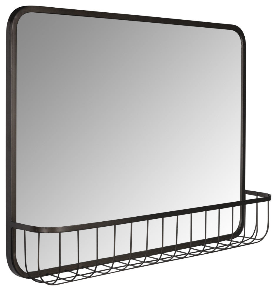 Black Modern Farmhouse Metal Wall Mirror With Basket