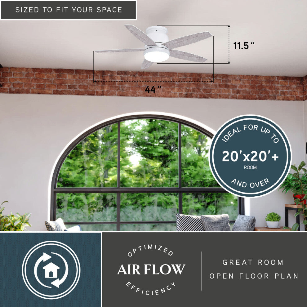 Armon Flush Mount 44" Ceiling Fan With LED Light Kit and Remote, White