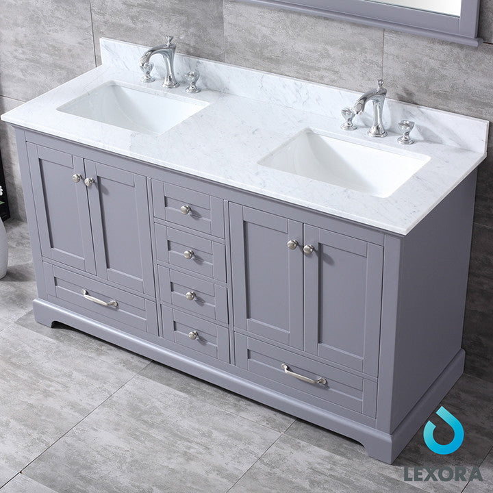 Dukes 60" Vanity, Wht Carrara Marble Top & 58" Mirror w/ Faucets, Dark Grey