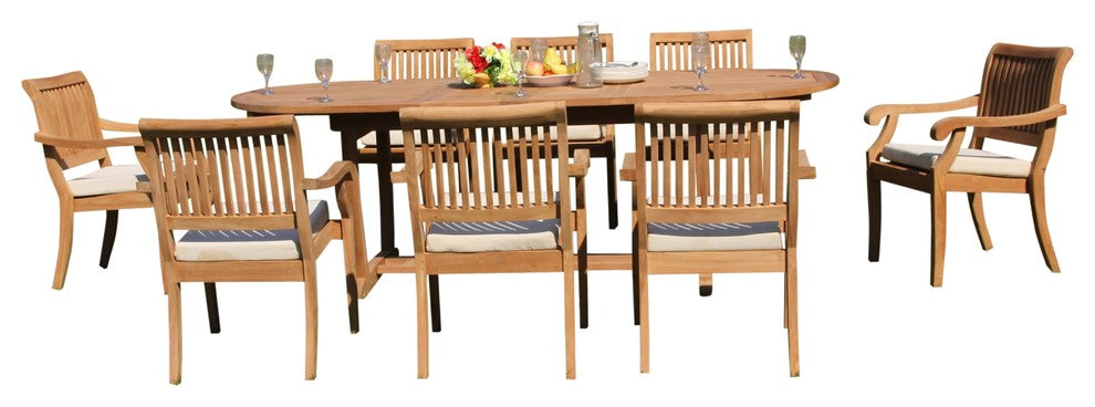 7-Piece Outdoor Teak Dining Set 94" Masc Oval Table, 6 Arbor Stacking Arm Chairs