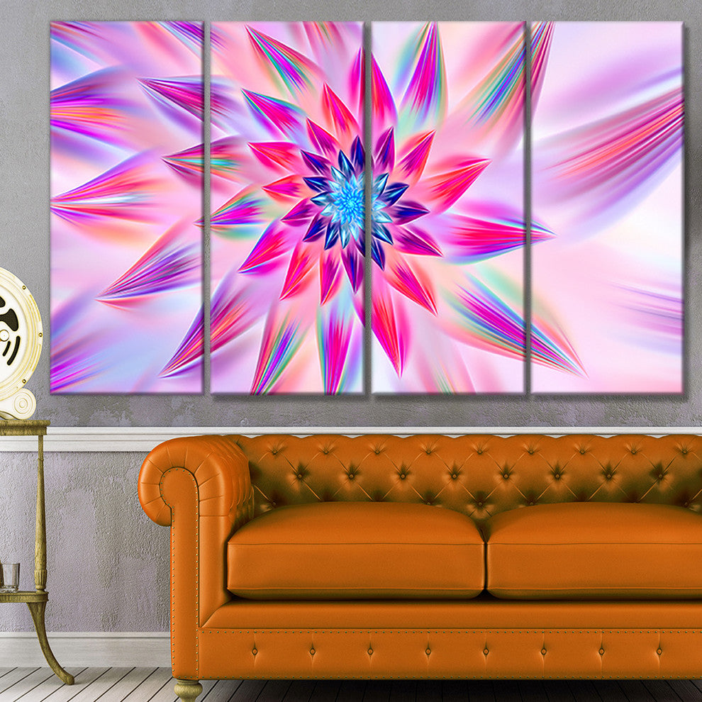 Huge Pink Blue Fractal Flower, Floral Canvas Art Print, 48"x28", 4 Panels