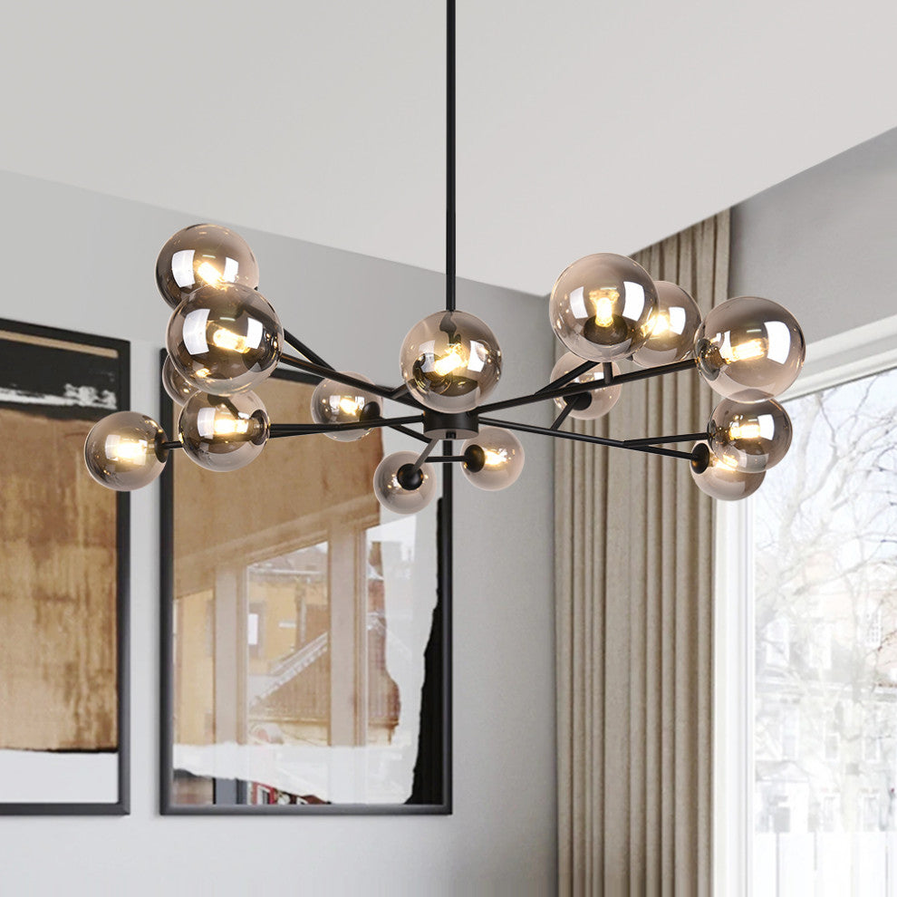 15-Light Glass Globe Bubble Sputnik Chandelier, Black