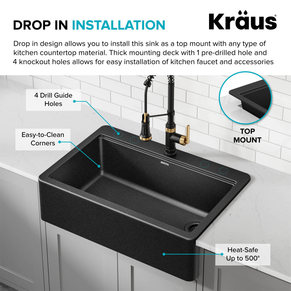 KRAUS Bellucci 33" Workstation Drop, Farmhouse Granite Kitchen Sink MBL