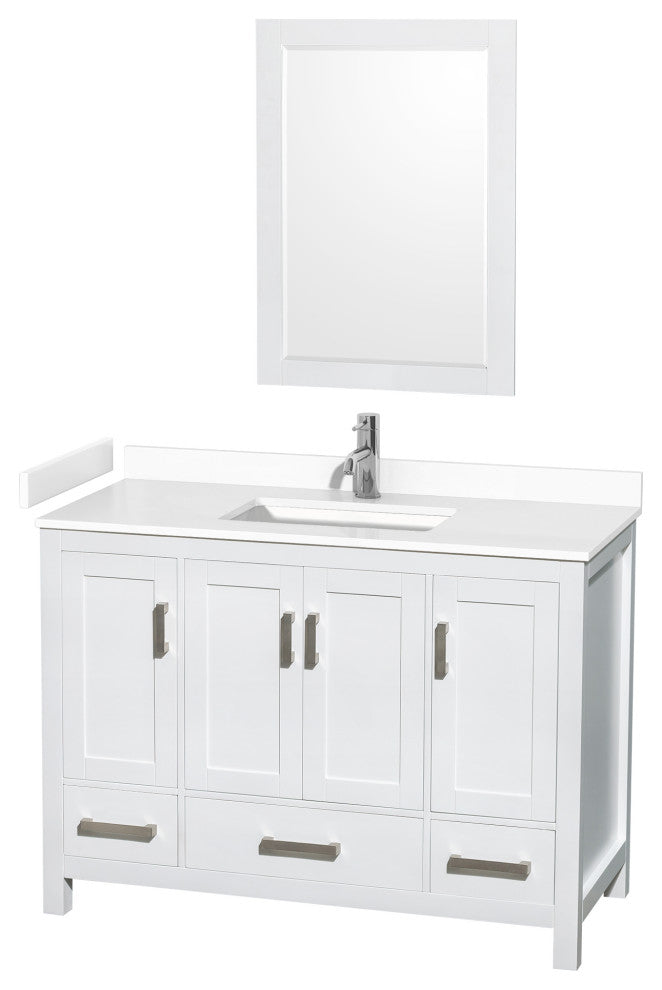 48"SGL Bathroom Vanity, White, White Cult. Marble Countertop, Sink, 24" Mirror