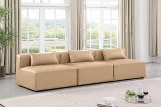Cube Upholstered Modular Sofa, Tan, 3-Piece: 3 Armless Chair, Vegan Leather
