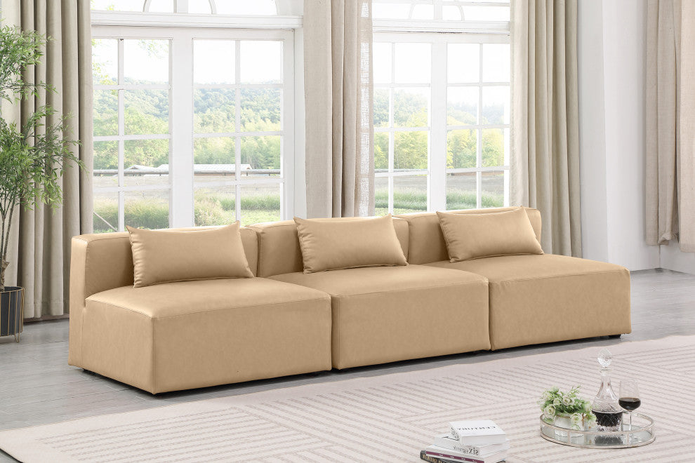 Cube Upholstered Modular Sofa, Tan, 3-Piece: 3 Armless Chair, Vegan Leather