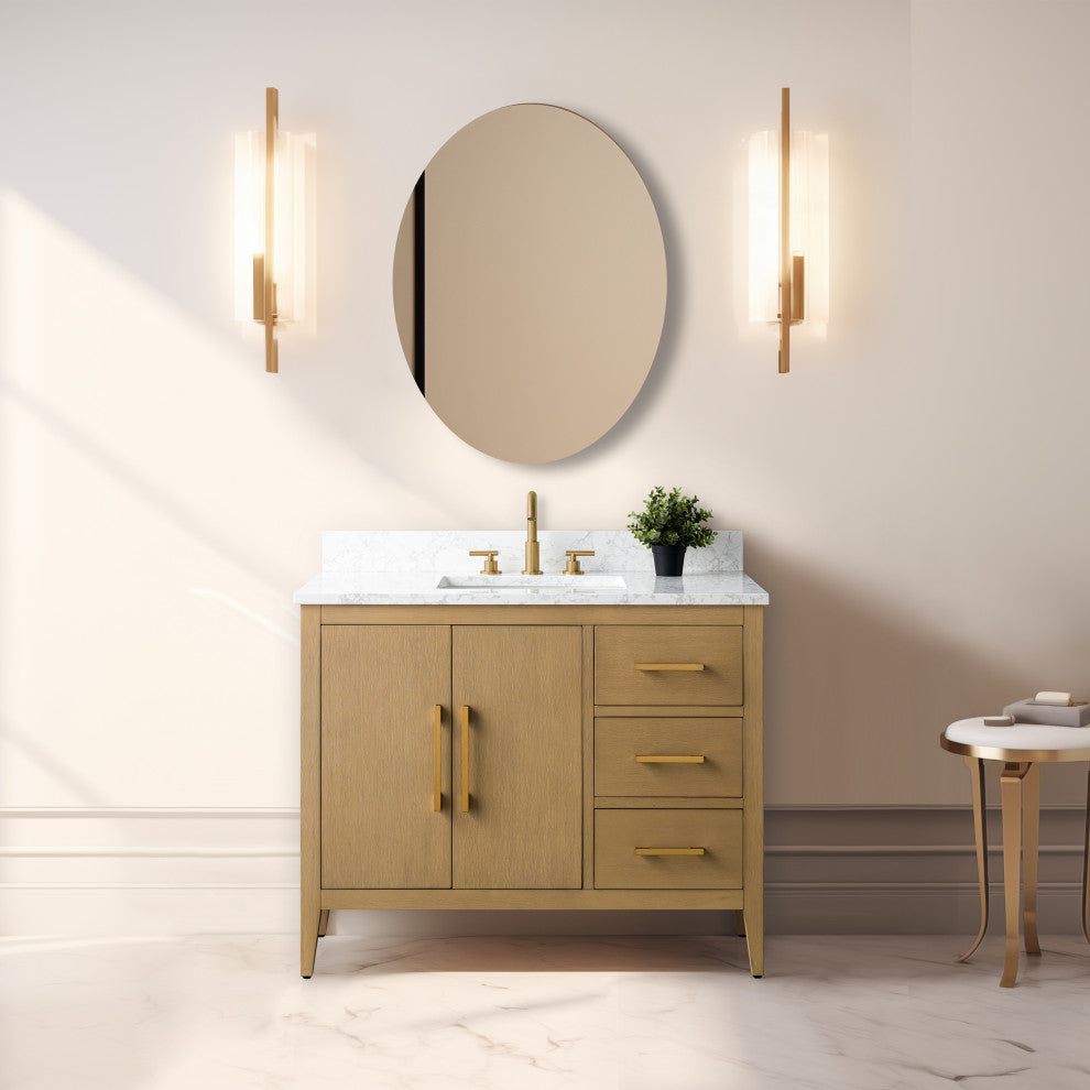 Vanity Art Bathroom Vanity With Sink, Natural Oak, 42", Single Sink, Golden Brushed