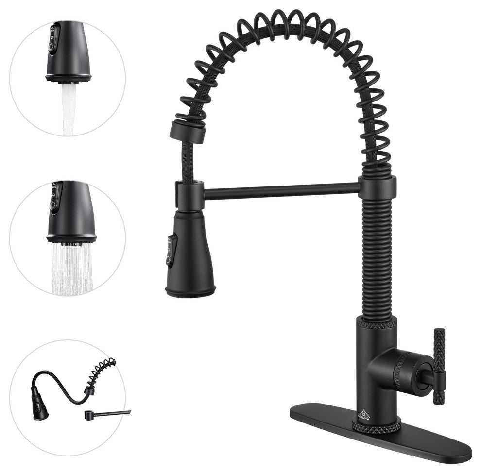 Single Handle Kitchen Faucet Pull-Down Sprayer, 360 Swivel, Three Functions, Matte Black