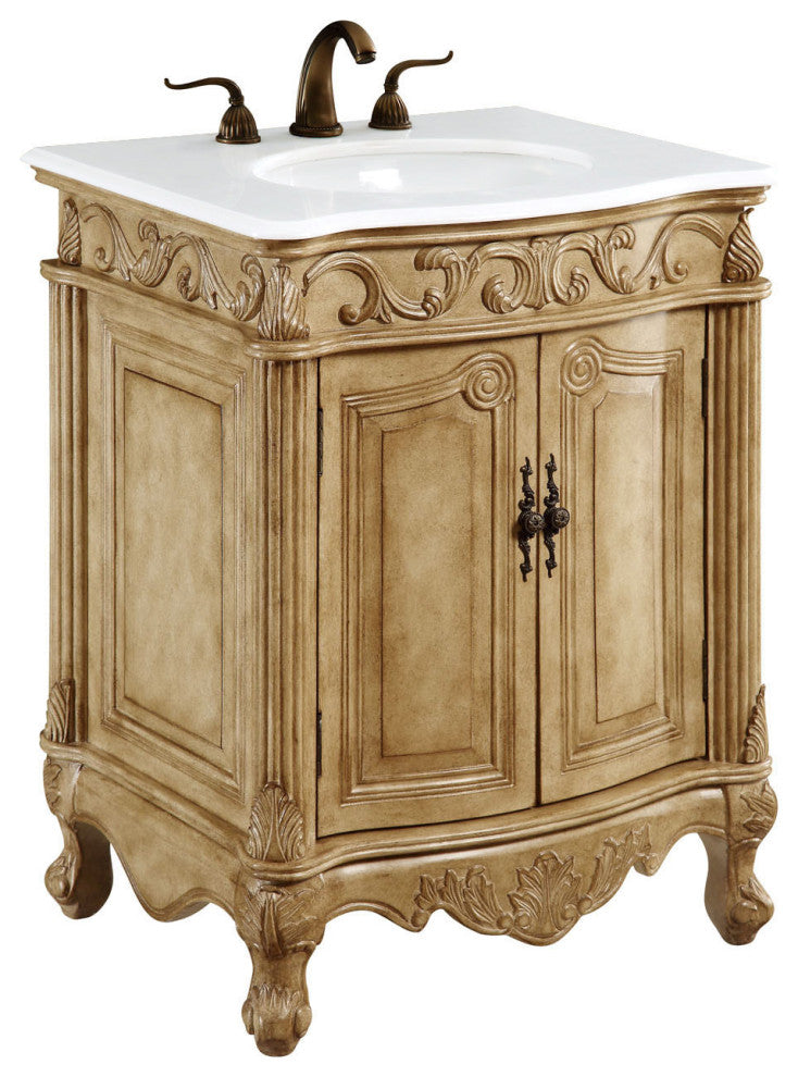 27" Single Bathroom Vanity, Antique Beige With ivory white engineered marble, Antique Beige, Ivory White Engineered Marble Top