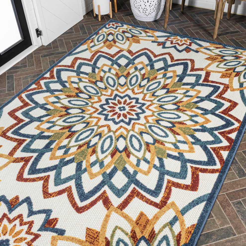 Flora Abstract Bold Mandala High-Low Indoor/Outdoor Area Rug, Red/Blue/Yellow