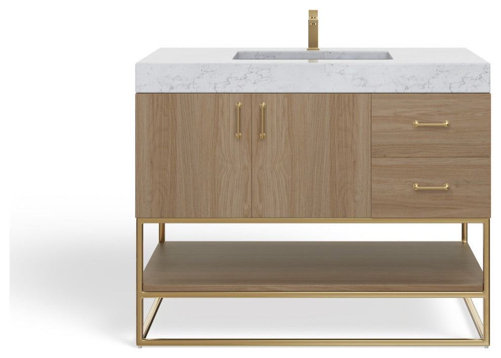 Bahia Bath Vanity, Oak, 42", Brushed Gold Hardware, Single, Freestanding