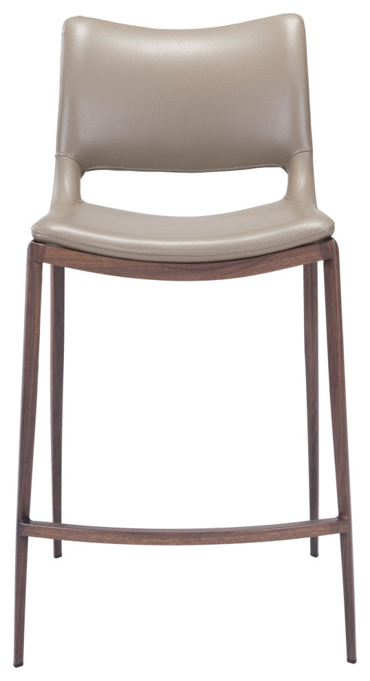 Counter Stool Chair, Set of 2, Faux Vinyl Leather, Steel, Gray, Walnut