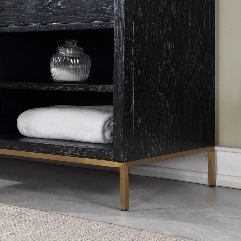 Kesia Black Oak Bathroom Vanity Set, 72", With Mirror