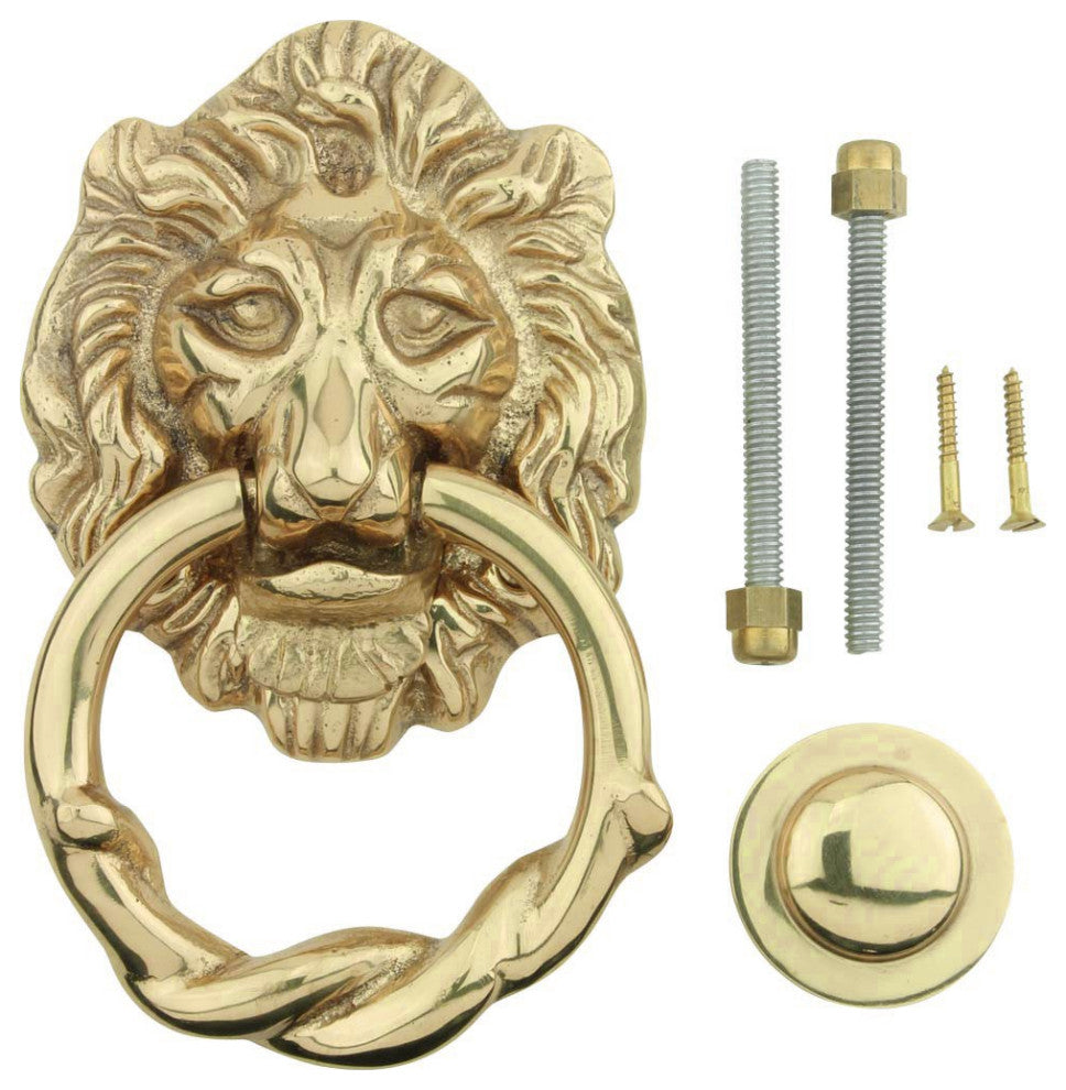 Solid Cast Brass Lion Front Door Knocker 6.25" Tall Lacquered Brass Finish