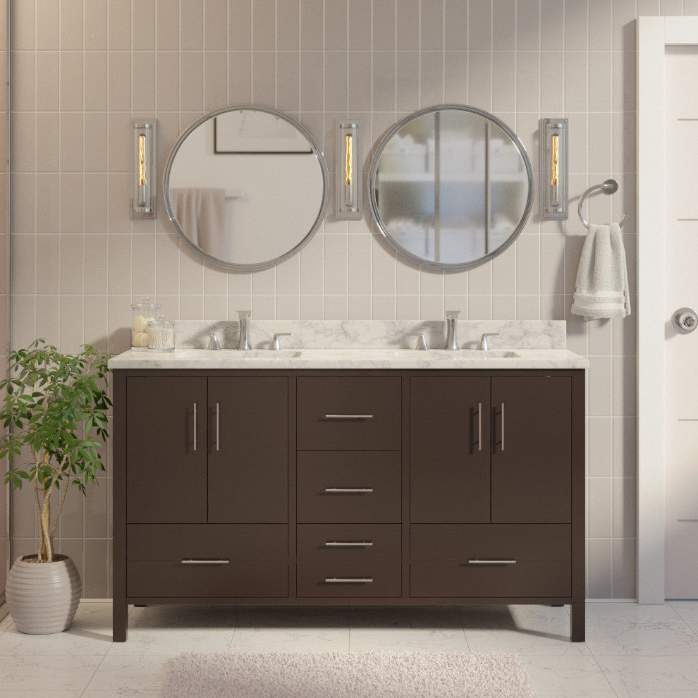 California 60" Bathroom Vanity, Chocolate, Carrara Marble, Double