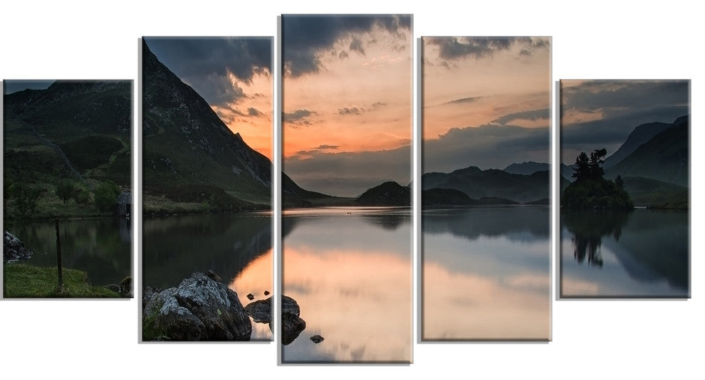 Stunning Sunrise over Lake Panorama, Landscape Canvas Print, 60"x32", 5 Panels