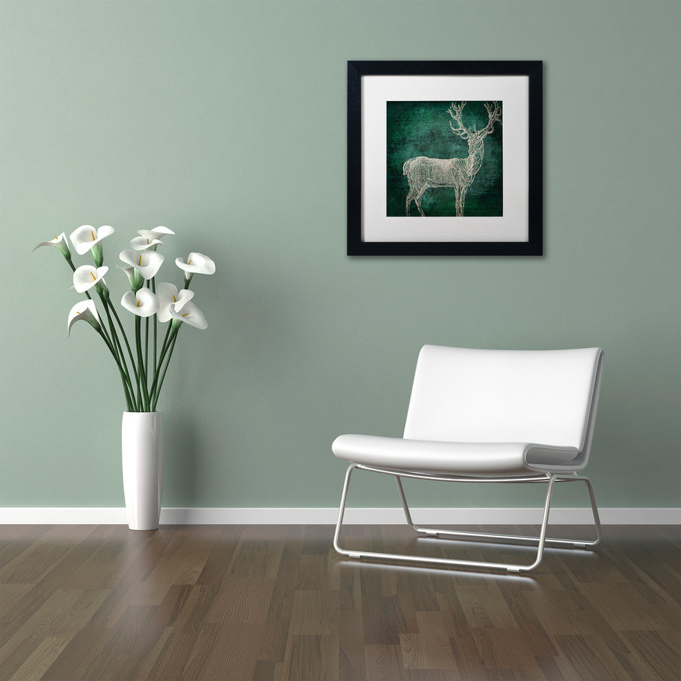 Color Bakery 'Emerald Deer' Art, Black Frame, White Matte, 11"x11"