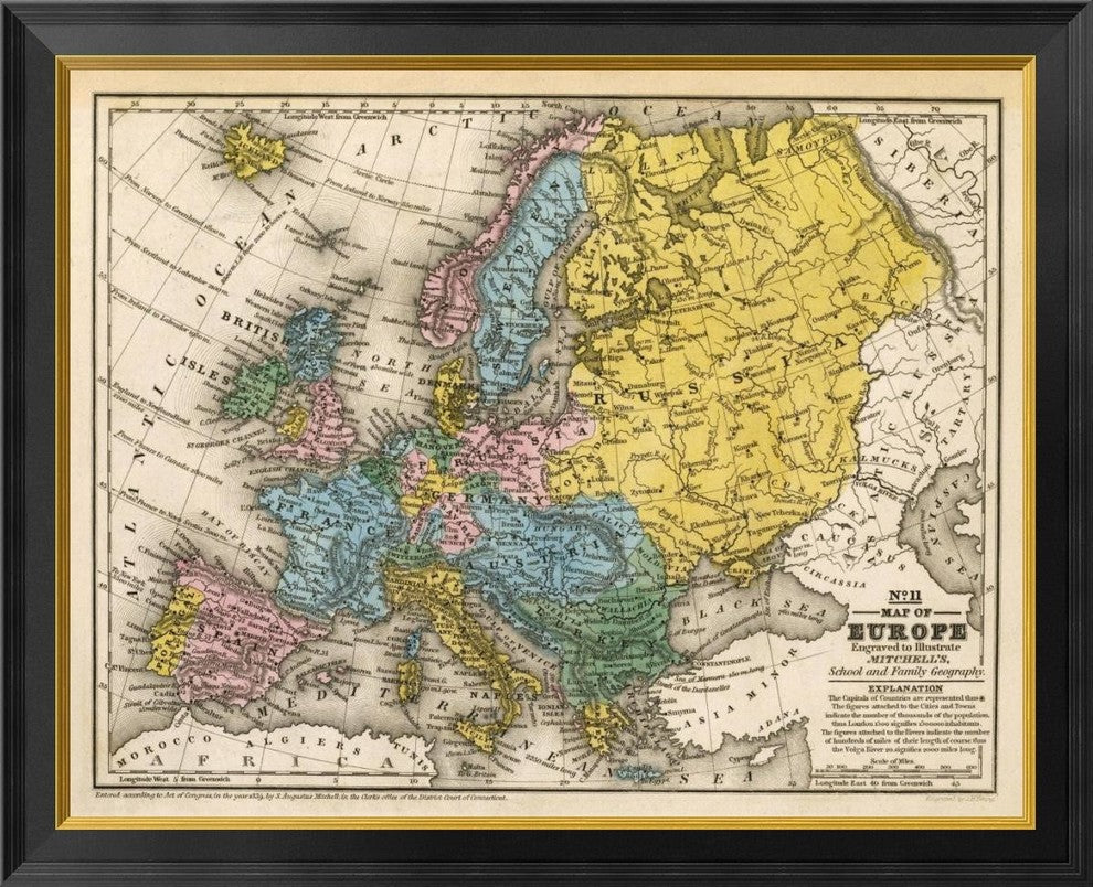 "Map of Europe, 1839" Framed Canvas Giclee by Samuel Augustus Mitchell, 34x27"