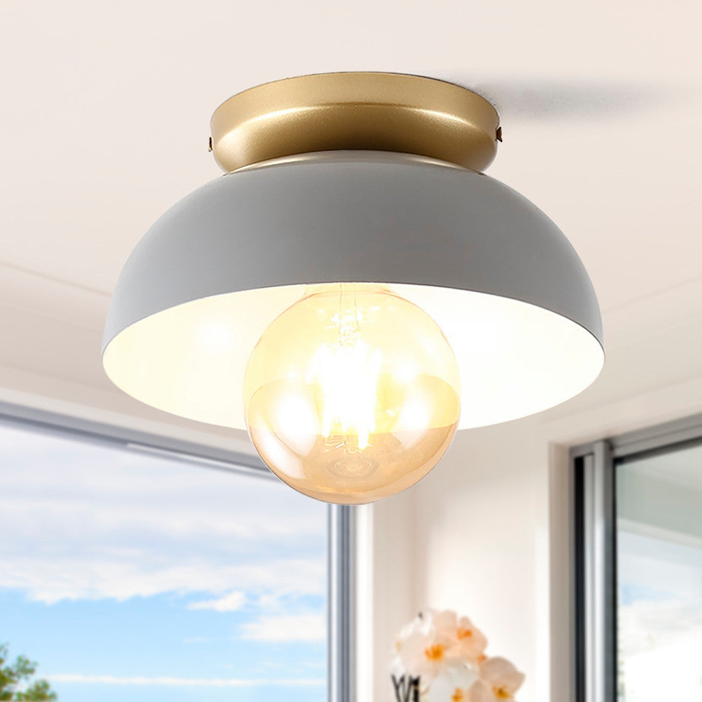 Paulina 8.5" 1-Light Classic Industrial Iron LED Flush Mount, Gray/Gold Painting