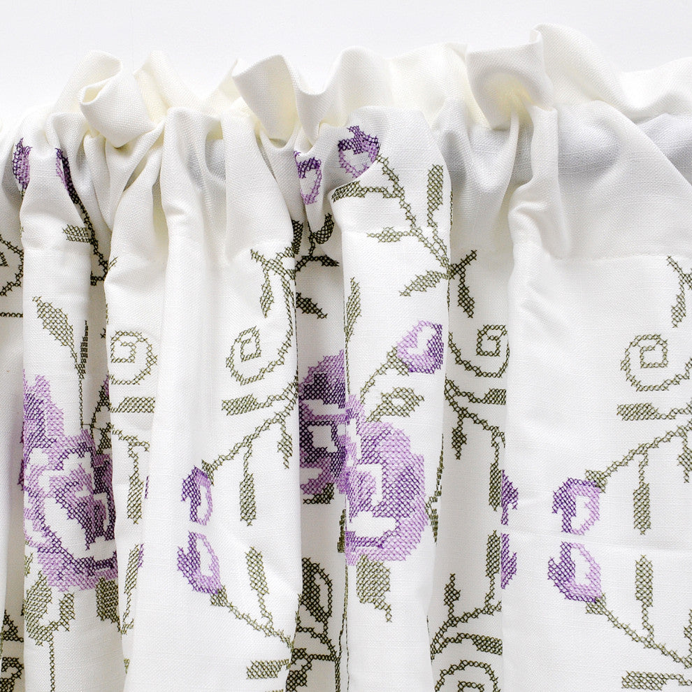 Rose Embroidery Window Curtain Valance, Lilac, 19" X 60"