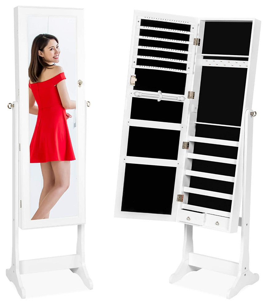 Standing Mirror Armoire, Lockable Jewelry Storage Organizer Cabinet