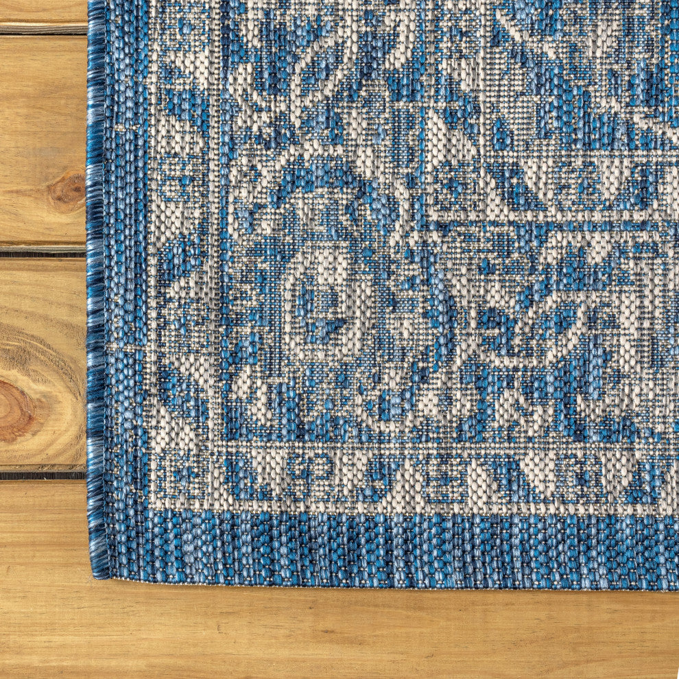 Palazzo Vine and Border Textured Weave Indoor and Outdoor Area Rug, Navy and Gra