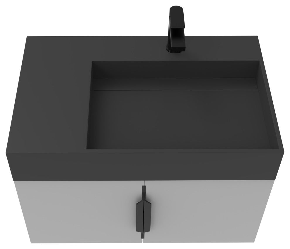 CastelloUSA Amazon 30" Right Wall Mounted Bathroom Vanity Set, Gray, Black Top, Black Handles