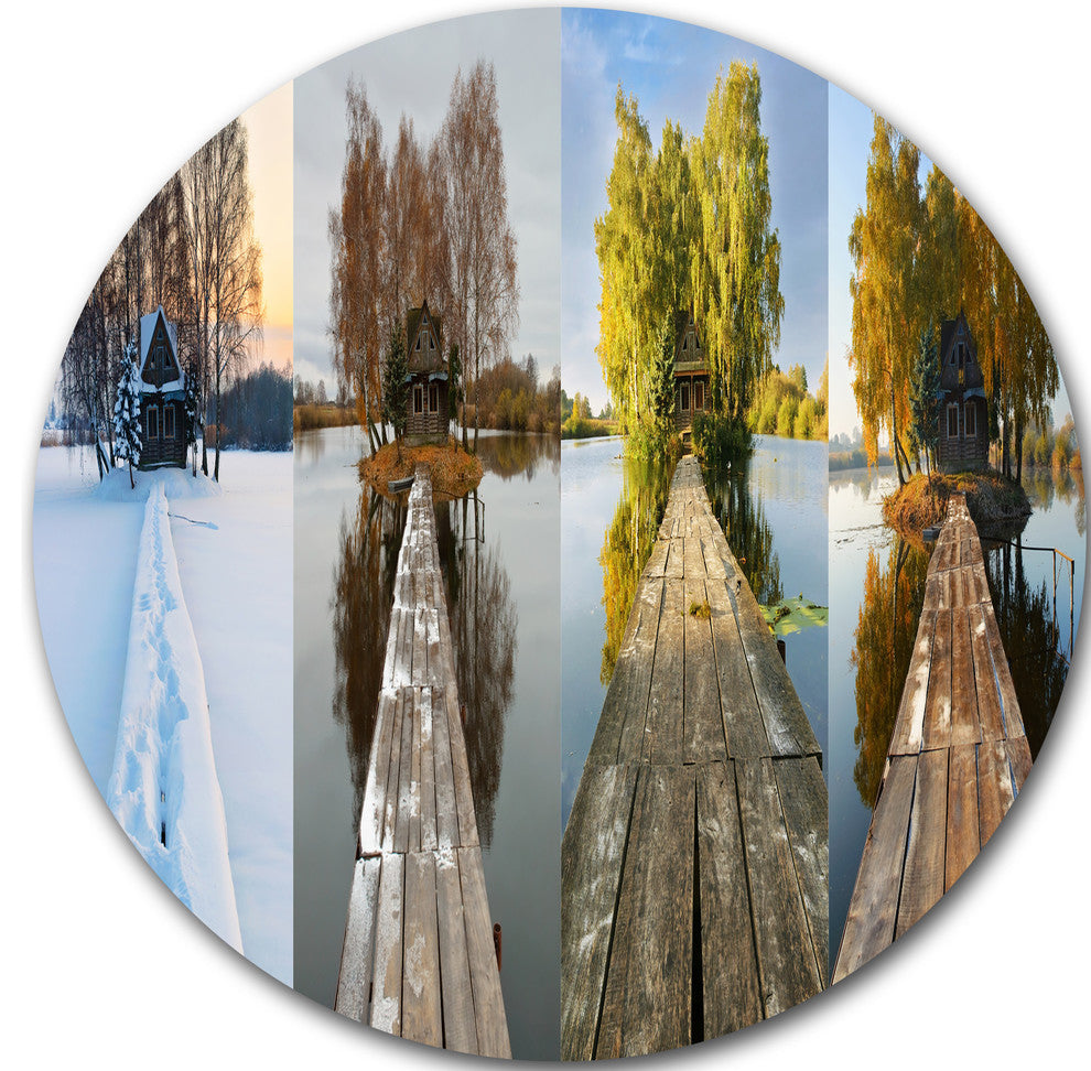 Houses On Small Island Panorama, Seascape Large Disc Metal Artwork, 11"
