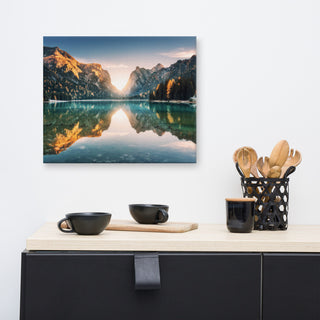 Sunrise Misty Mountain Lake Lively Color Landscape Photo Canvas Art Print, 16" X 20"