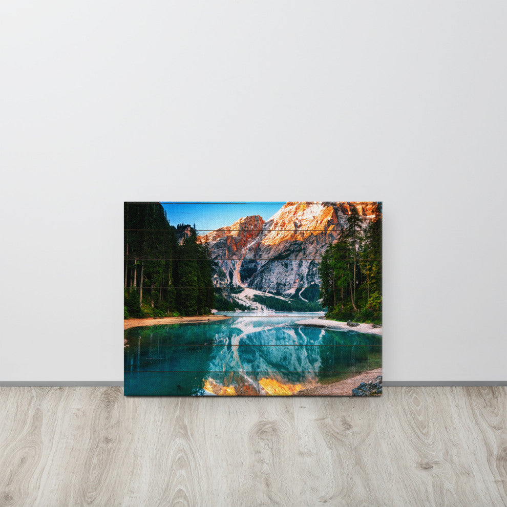 Faux Wood Misty Lake and Snow-cap Mountain Reflections Canvas Prints, 18" X 24"
